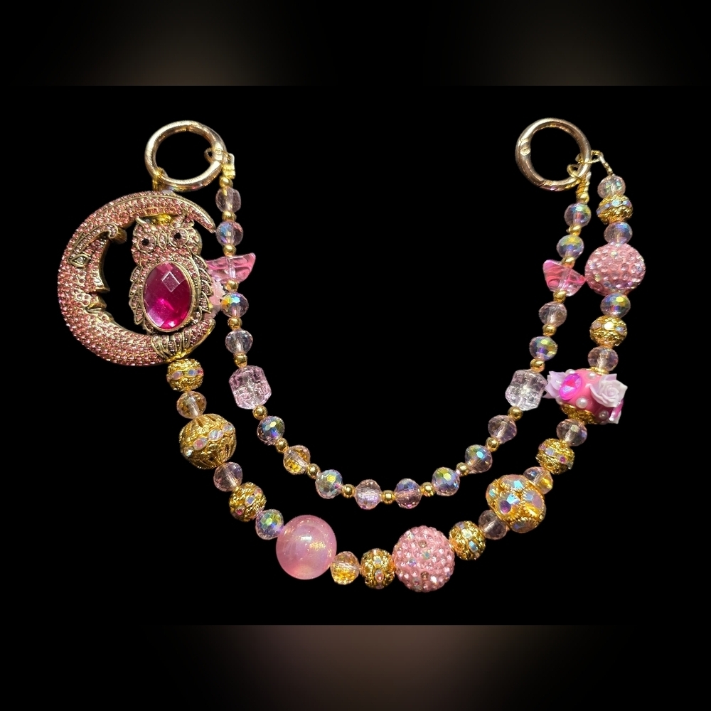 Elegant Pink and Gold Moon amd Owl Bag Charm